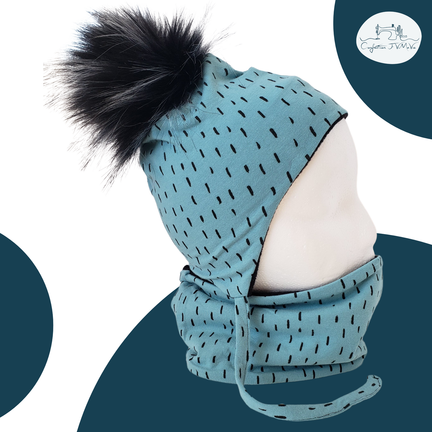 Ensemble tuque et cache cou, Bleu à rayure noir