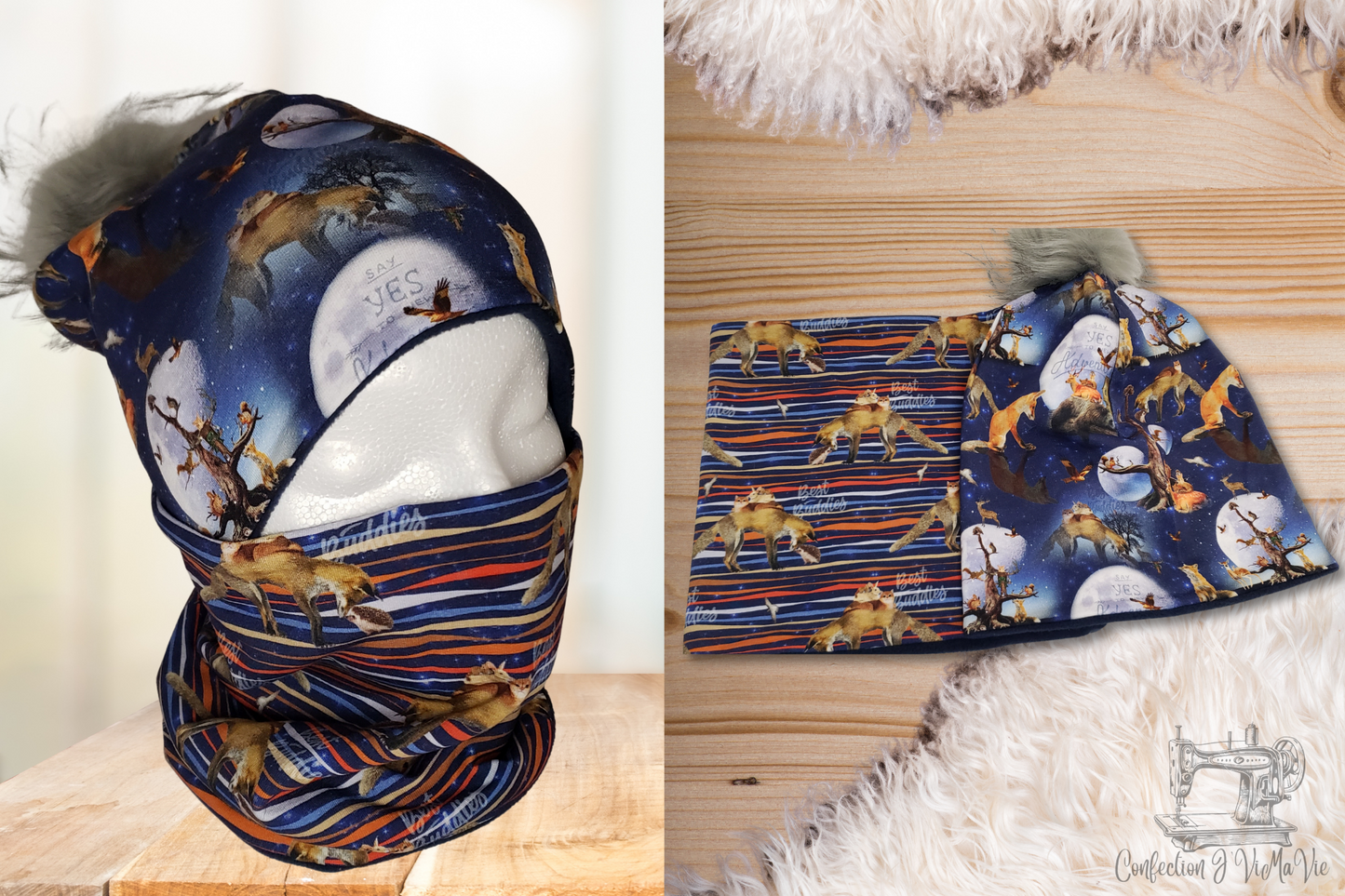 Ensemble tuque et cache cou, Renard ,loup et lune