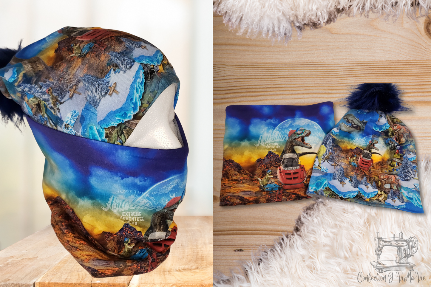 Ensemble tuque et cache cou, Dinosaure et motoneige