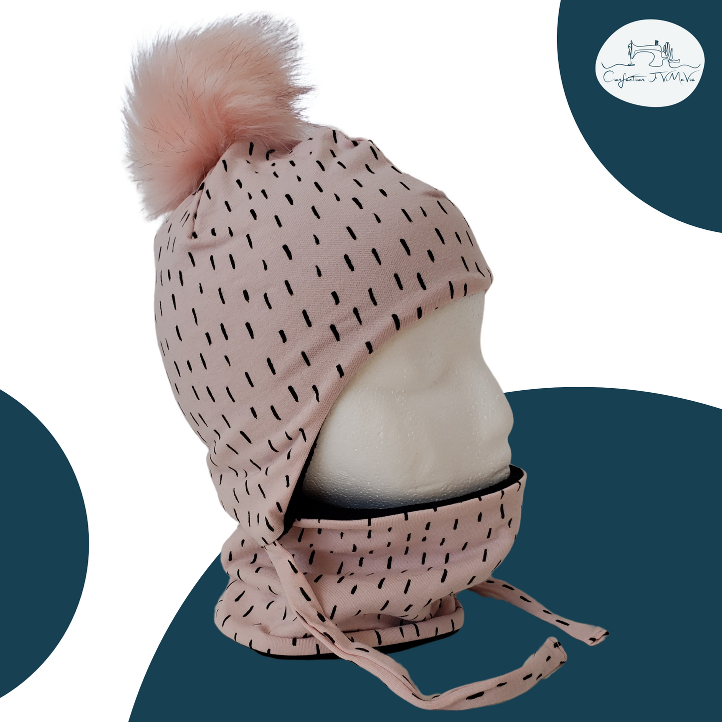 Ensemble tuque et cache cou, Rose à rayure noir