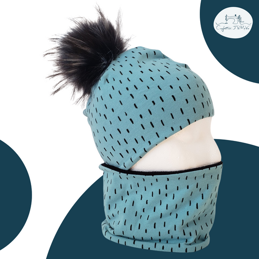 Ensemble tuque et cache cou, Bleu à rayure noir