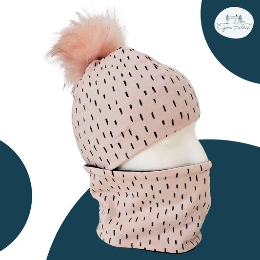 Ensemble tuque et cache cou, Rose à rayure noir